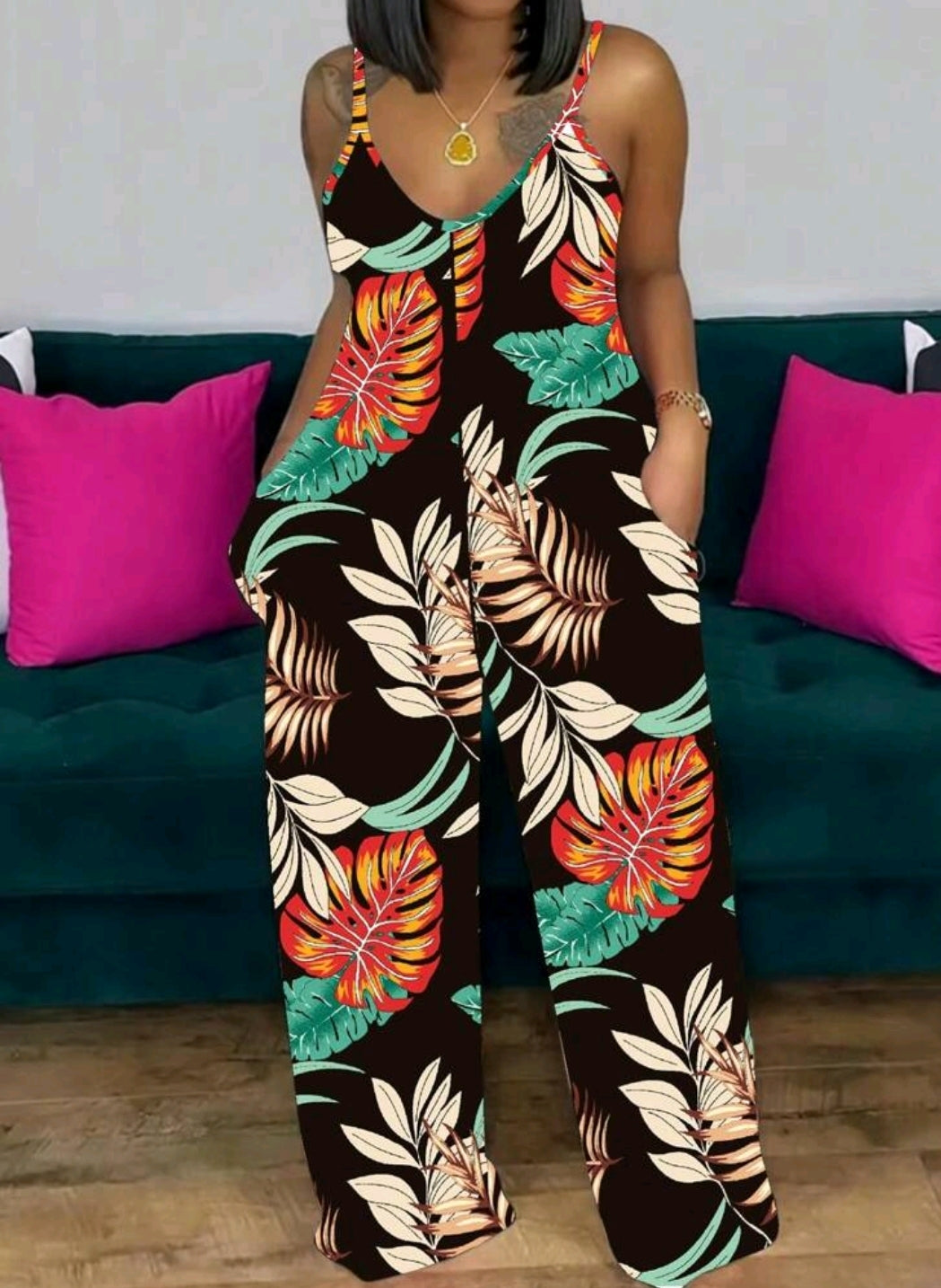 Plus size botanical Print Pocketed Straight Jumpsuit