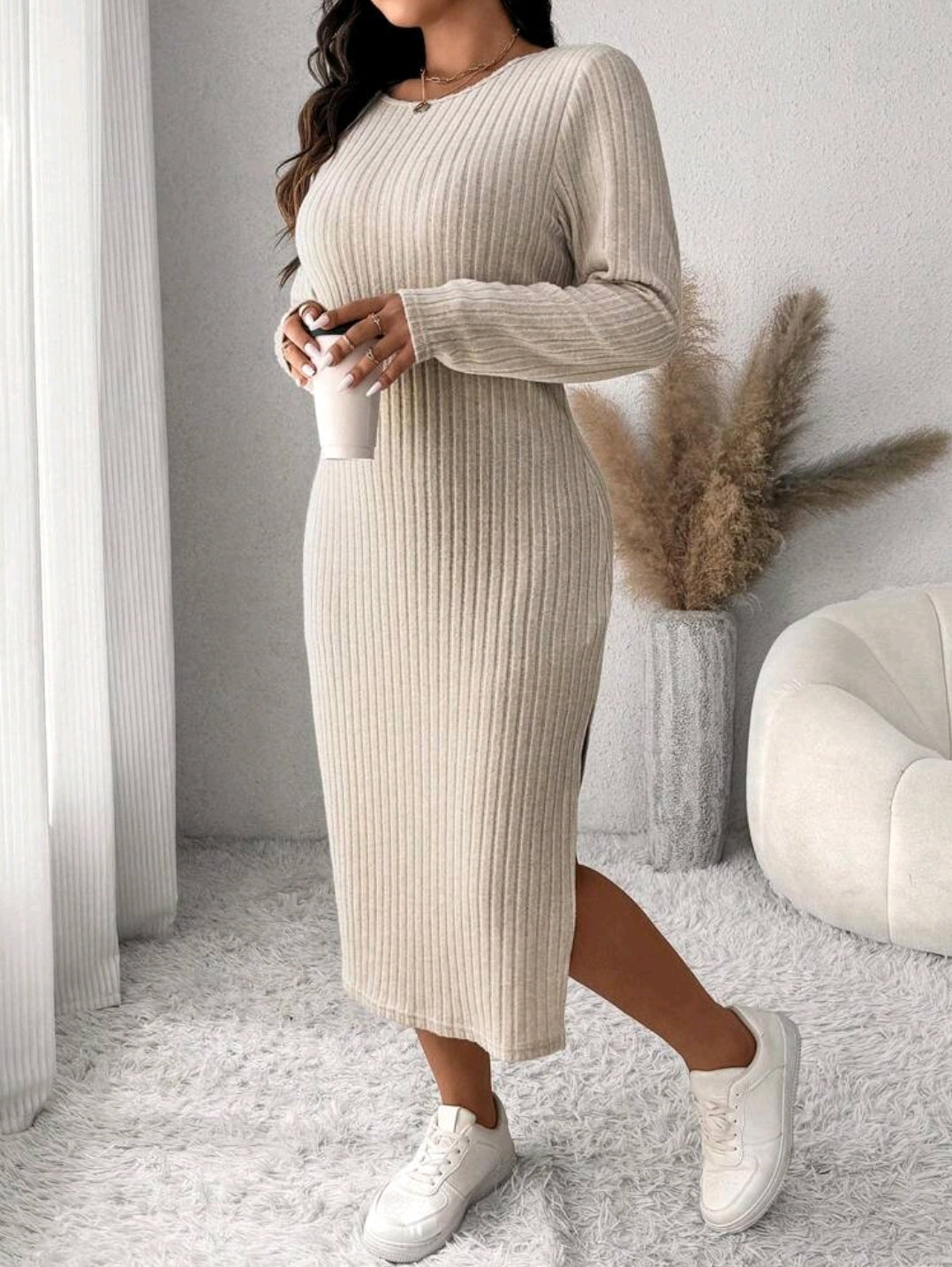 Plus Size Casual Solid Color Side Slit Fitted Dress, Autumn/Winter