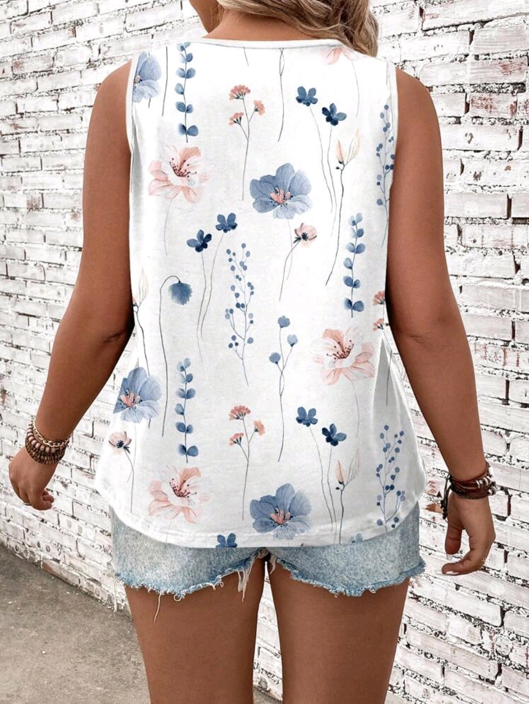 Plus Size Women's Summer Casual Floral Print Round Neck Tank Top