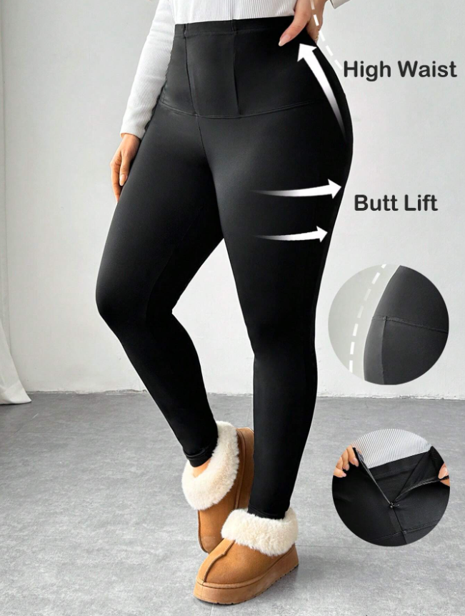 Plus Size Women's Simple All-Match Versatile Button-Up Zippered Waist Shaping Black Leggings; High Stretch Slim-Fit Leggings, Autumn/Winter