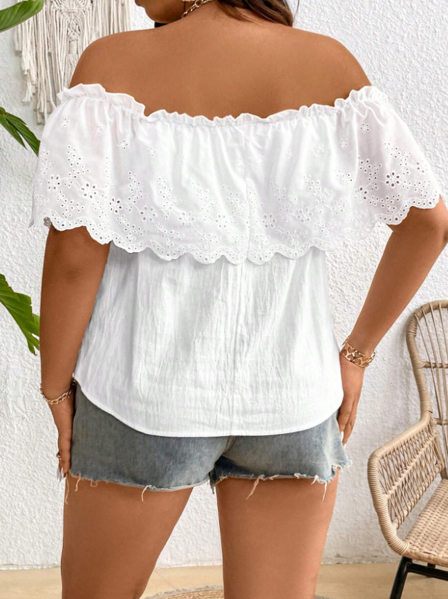 Plus Size Women's Summer Off Shoulder Floral Splice Solid Color Minimalist Sexy Short Sleeve Blouse Loose Top