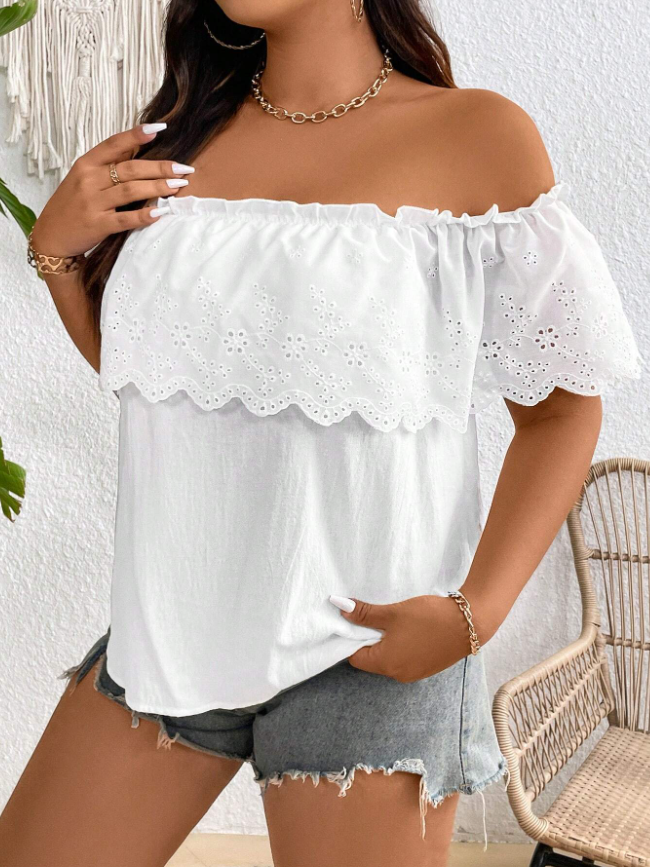 Plus Size Women's Summer Off Shoulder Floral Splice Solid Color Minimalist Sexy Short Sleeve Blouse Loose Top
