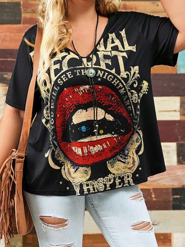 Plus Size Women's Casual Simple Loose Lip Print Short Sleeve T-Shirt, Summer