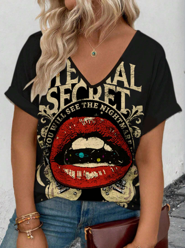 Plus Size Women's Casual Simple Loose Lip Print Short Sleeve T-Shirt, Summer