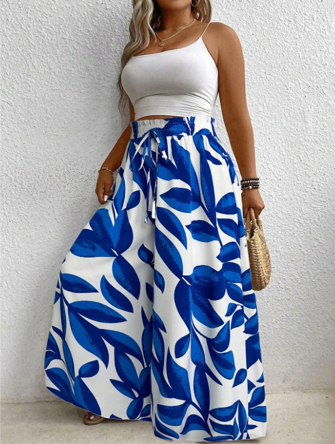 Plus Size All-Over Print Belt Tie Waist Wide Leg Pants