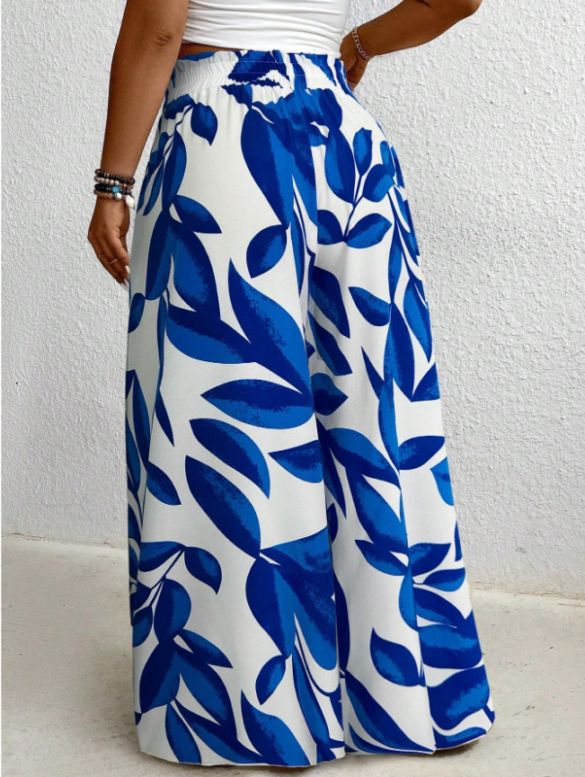 Plus Size All-Over Print Belt Tie Waist Wide Leg Pants