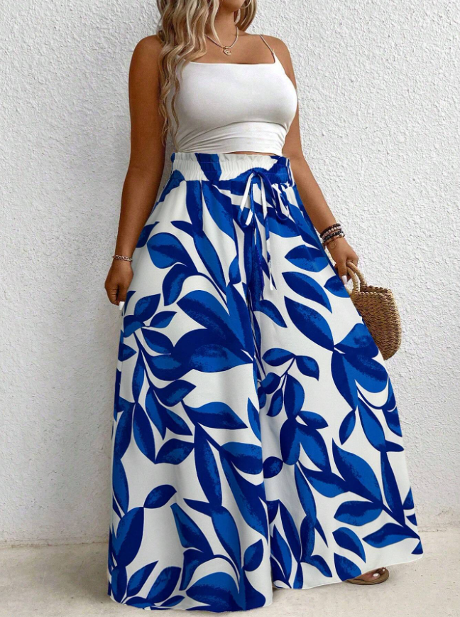 Plus Size All-Over Print Belt Tie Waist Wide Leg Pants