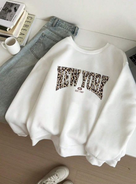 Leopard Print New York Slogan Long Sleeve Loose Fit Thick Crew Neck Sweatshirt