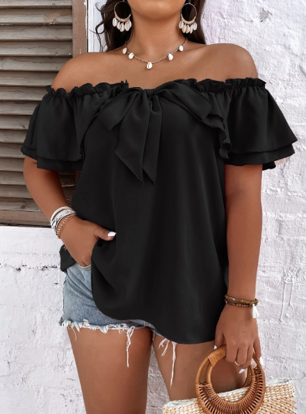 Plus Size Off-shoulder Tie Front Frill Trim Blouse