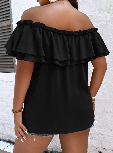 Plus Size Off-shoulder Tie Front Frill Trim Blouse