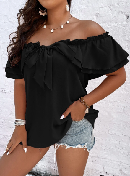 Plus Size Off-shoulder Tie Front Frill Trim Blouse