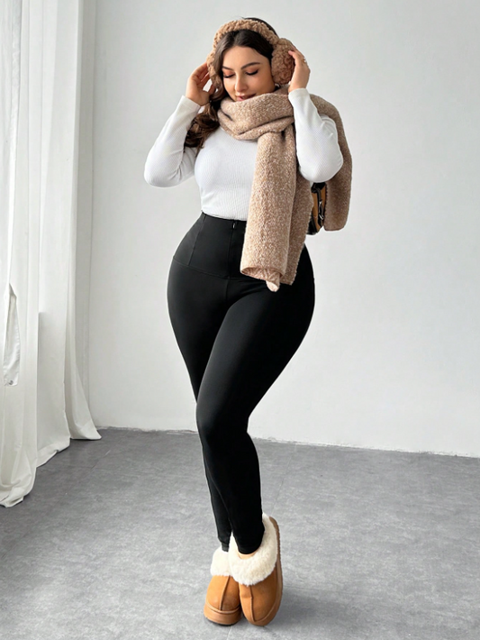 Plus Size Women's Simple All-Match Versatile Button-Up Zippered Waist Shaping Black Leggings; High Stretch Slim-Fit Leggings, Autumn/Winter