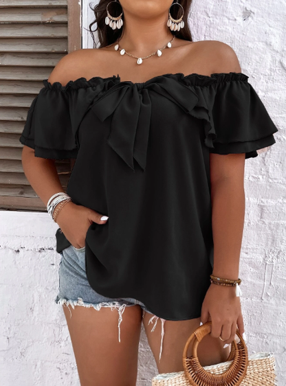 Plus Size Off-shoulder Tie Front Frill Trim Blouse